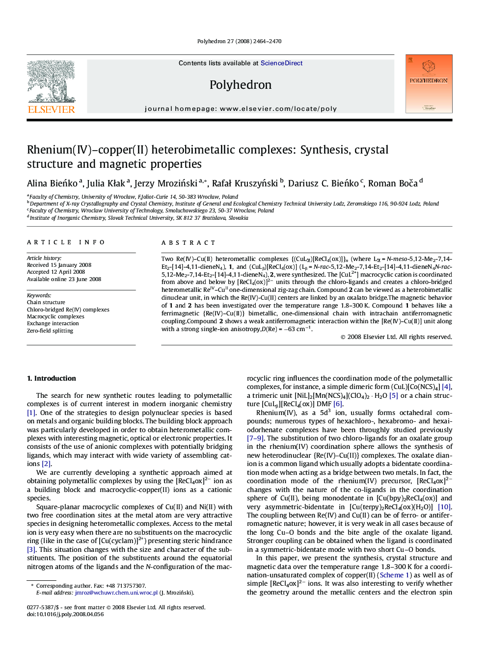 Rhenium(IV)–copper(II) heterobimetallic complexes: Synthesis, crystal structure and magnetic properties