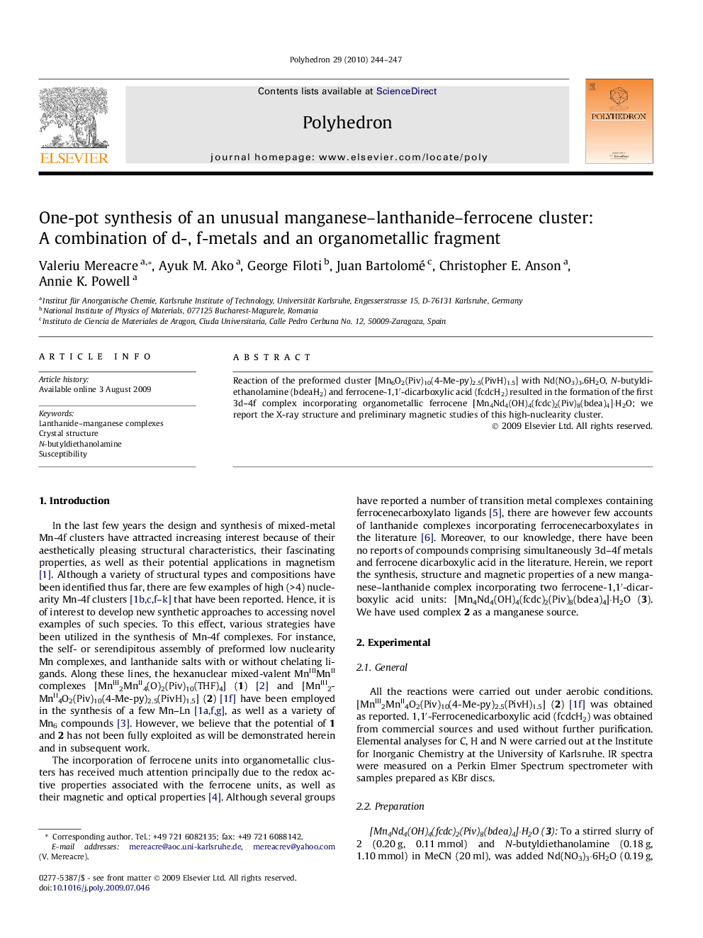 عکس صفحه اول مقاله: One-pot synthesis of an unusual manganese–lanthanide–ferrocene cluster: A combination of d-, f-metals and an organometallic fragment One-pot synthesis of an unusual manganese–lanthanide–ferrocene cluster: A combination of d-, f-metals and an organometallic fragment