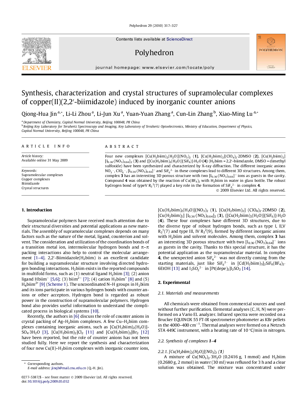 Synthesis, characterization and crystal structures of supramolecular complexes of copper(II)(2,2′-biimidazole) induced by inorganic counter anions