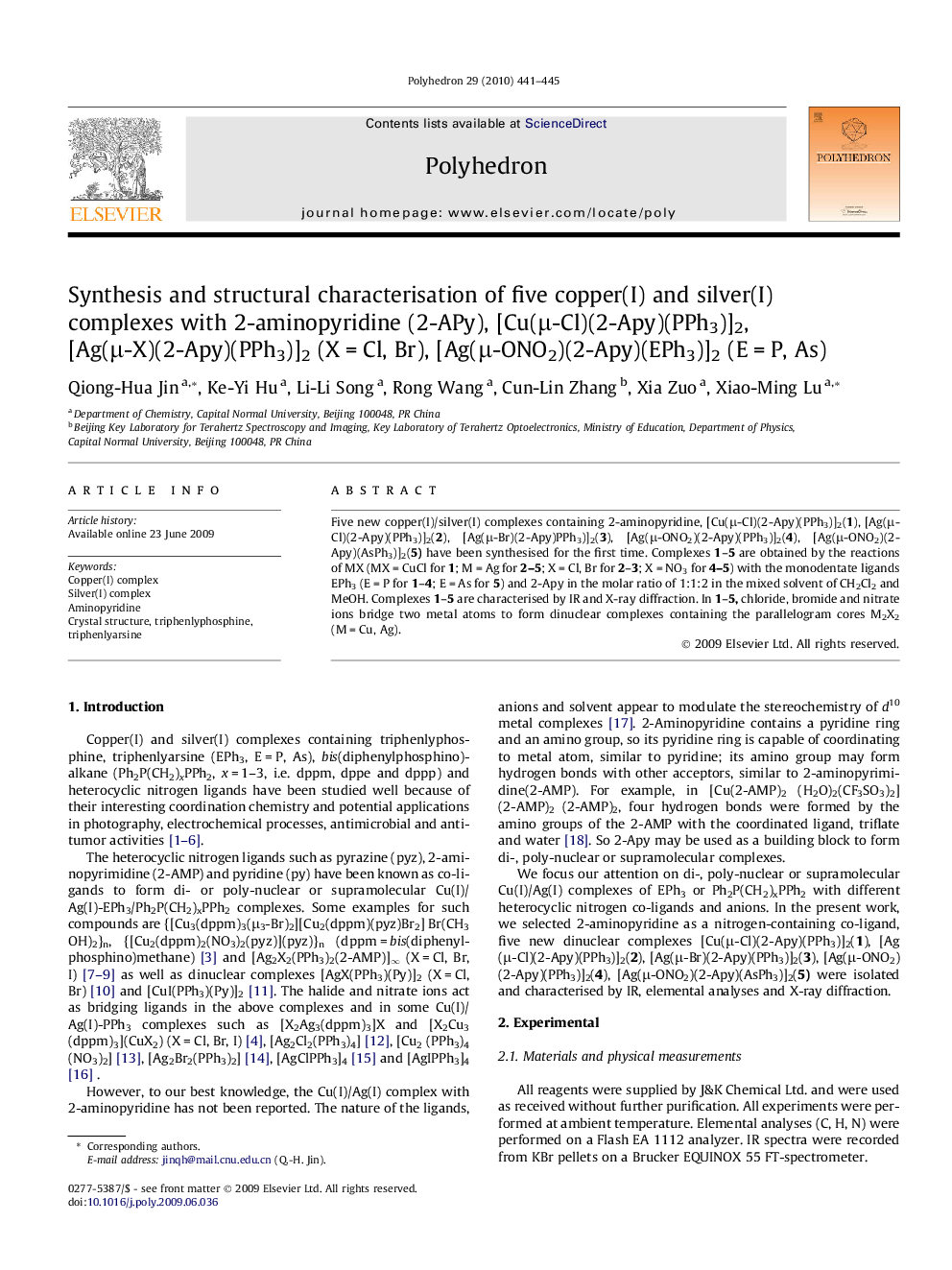 Synthesis and structural characterisation of five copper(I) and silver(I) complexes with 2-aminopyridine (2-APy), [Cu(μ-Cl)(2-Apy)(PPh3)]2, [Ag(μ-X)(2-Apy)(PPh3)]2 (X = Cl, Br), [Ag(μ-ONO2)(2-Apy)(EPh3)]2 (E = P, As)