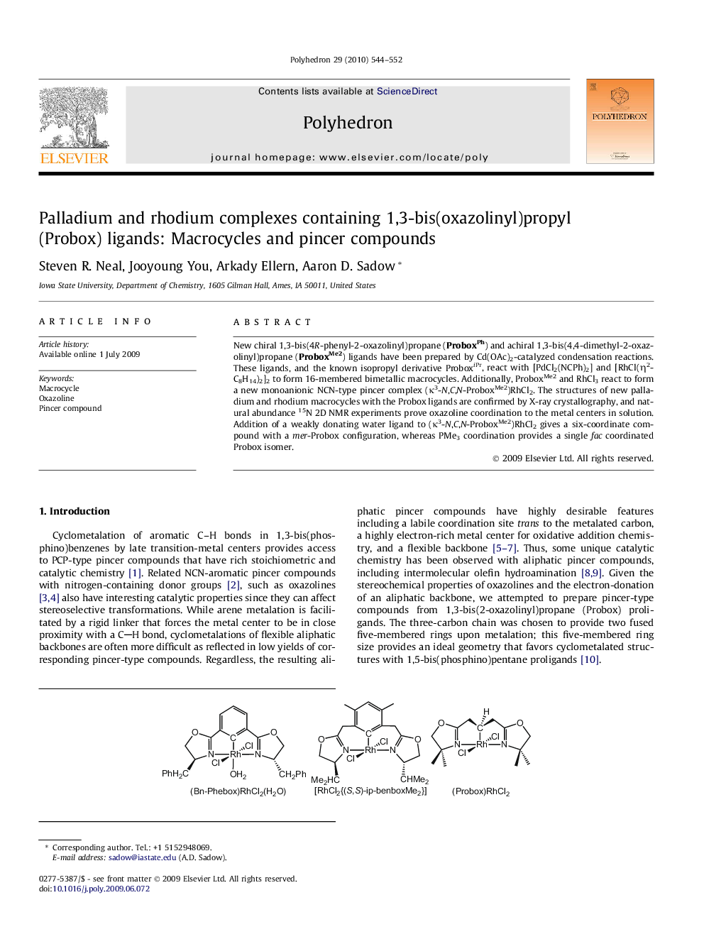 Palladium and rhodium complexes containing 1,3-bis(oxazolinyl)propyl (Probox) ligands: Macrocycles and pincer compounds