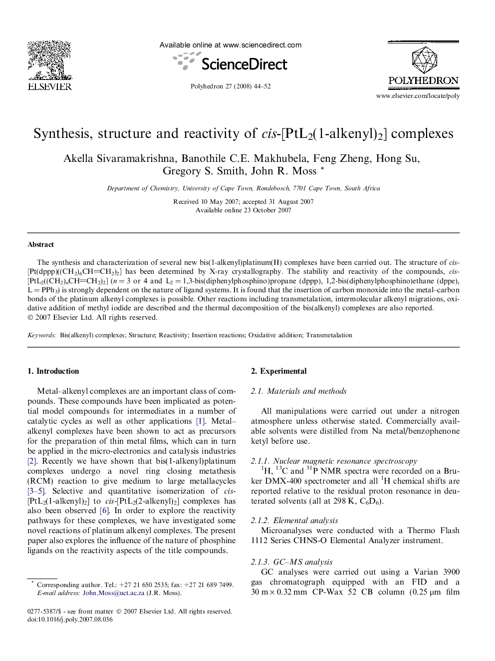 Synthesis, structure and reactivity of cis-[PtL2(1-alkenyl)2] complexes