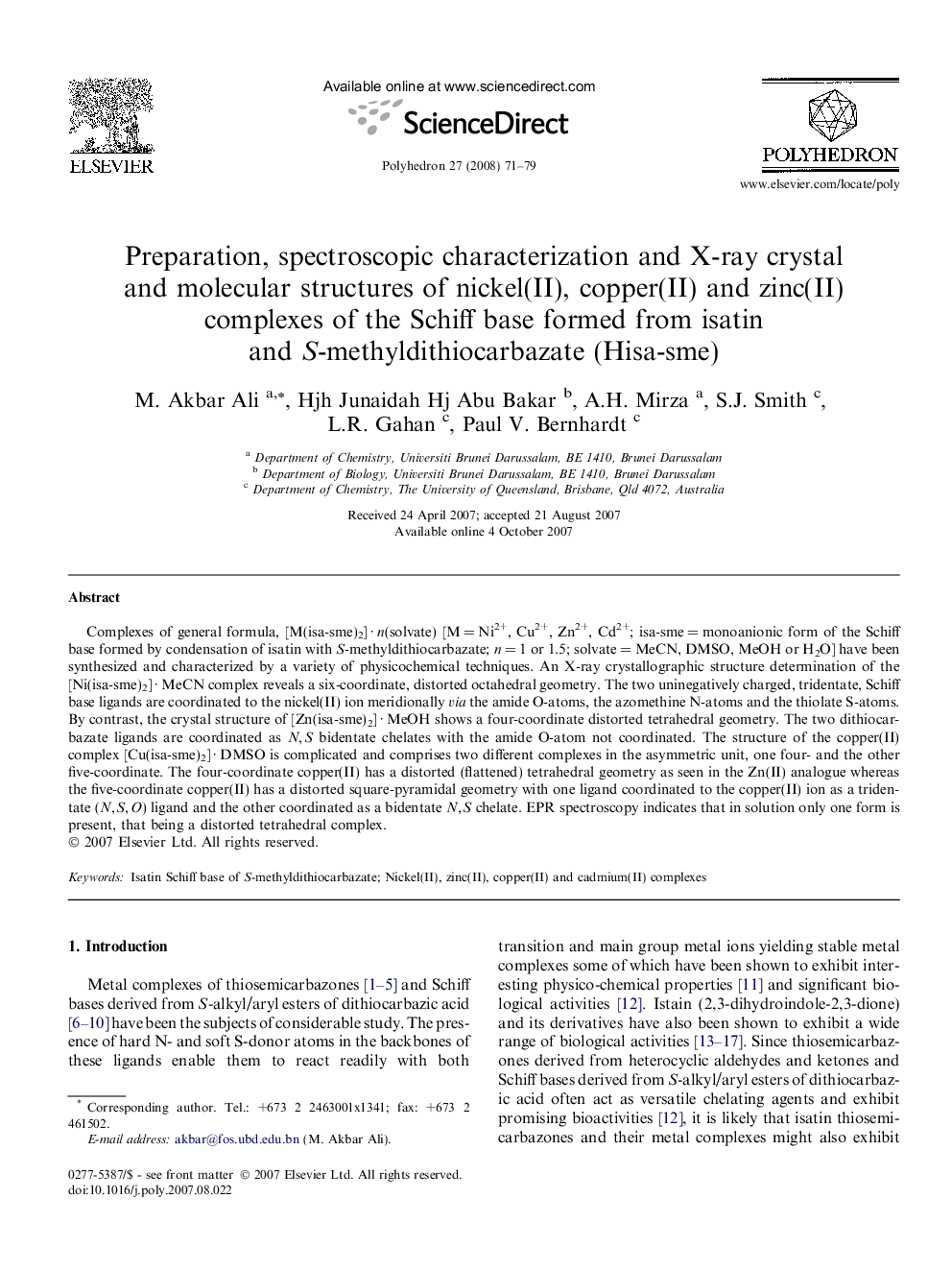 Preparation, spectroscopic characterization and X-ray crystal and molecular structures of nickel(II), copper(II) and zinc(II) complexes of the Schiff base formed from isatin and S-methyldithiocarbazate (Hisa-sme)