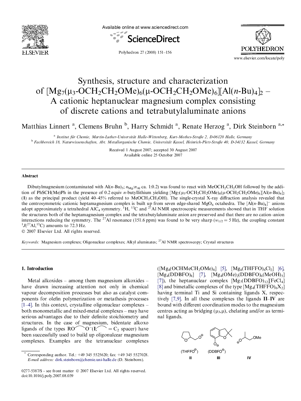 Synthesis, structure and characterization of [Mg7(μ3-OCH2CH2OMe)6(μ-OCH2CH2OMe)6][Al(n-Bu)4]2 – A cationic heptanuclear magnesium complex consisting of discrete cations and tetrabutylaluminate anions