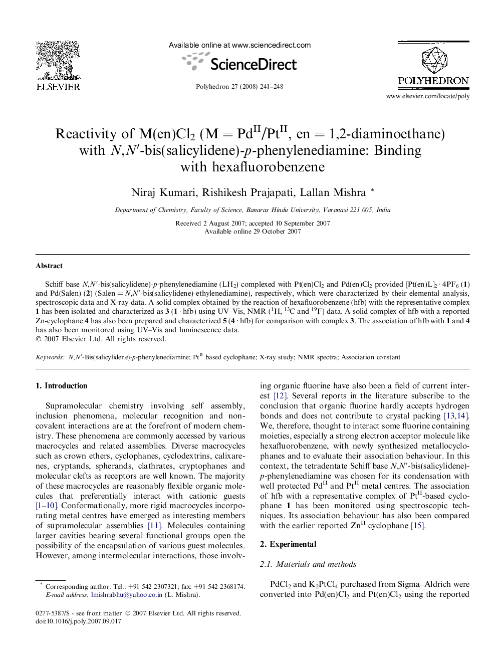 Reactivity of M(en)Cl2 (M = PdII/PtII, en = 1,2-diaminoethane) with N,N′-bis(salicylidene)-p-phenylenediamine: Binding with hexafluorobenzene