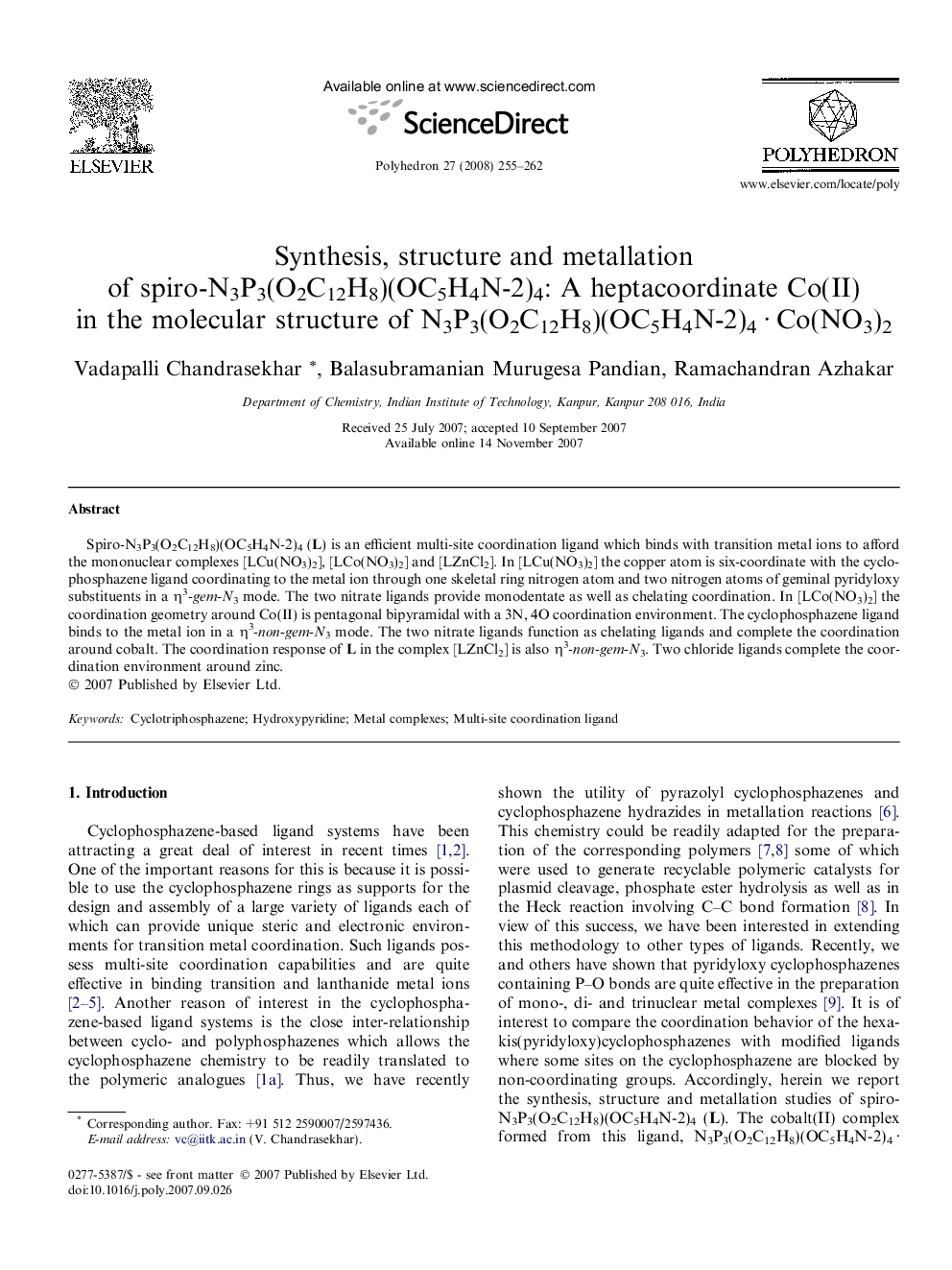 Synthesis, structure and metallation of spiro-N3P3(O2C12H8)(OC5H4N-2)4: A heptacoordinate Co(II) in the molecular structure of N3P3(O2C12H8)(OC5H4N-2)4 · Co(NO3)2