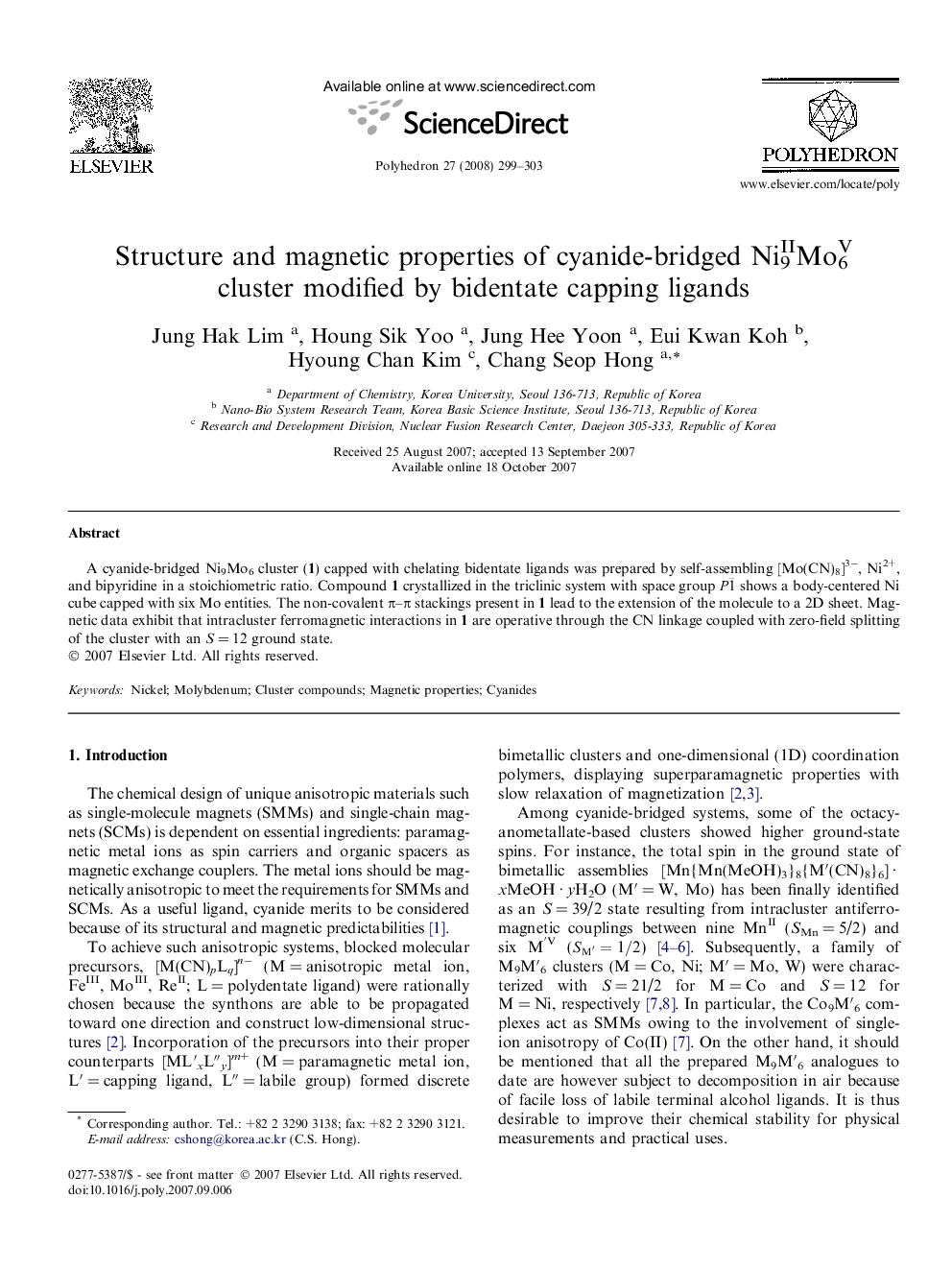 Structure and magnetic properties of cyanide-bridged NiII9MoV6 cluster modified by bidentate capping ligands