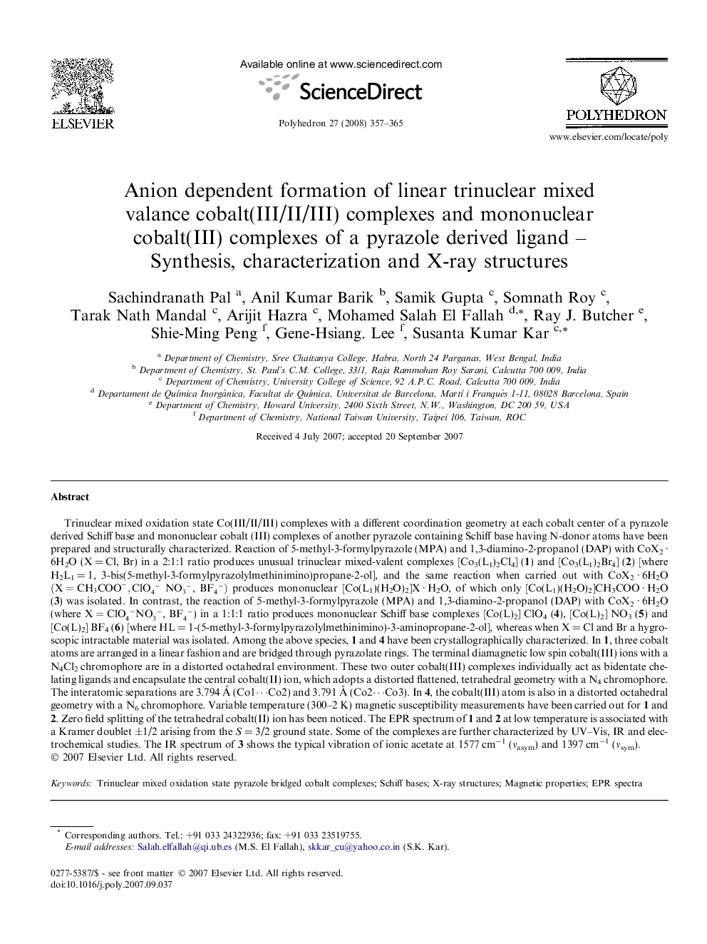 Anion dependent formation of linear trinuclear mixed valance cobalt(III/II/III) complexes and mononuclear cobalt(III) complexes of a pyrazole derived ligand – Synthesis, characterization and X-ray structures