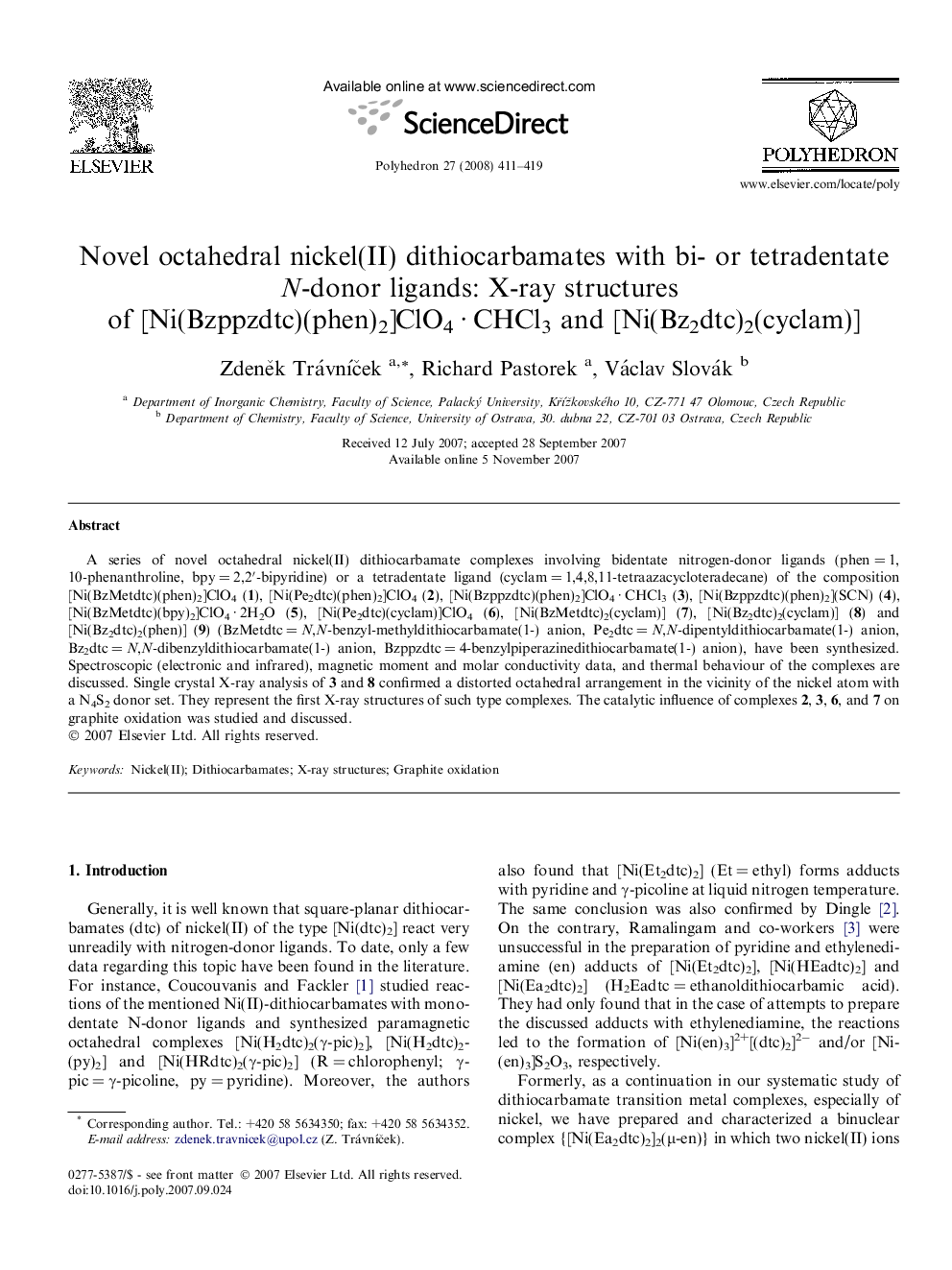 Novel octahedral nickel(II) dithiocarbamates with bi- or tetradentate N-donor ligands: X-ray structures of [Ni(Bzppzdtc)(phen)2]ClO4 · CHCl3 and [Ni(Bz2dtc)2(cyclam)]