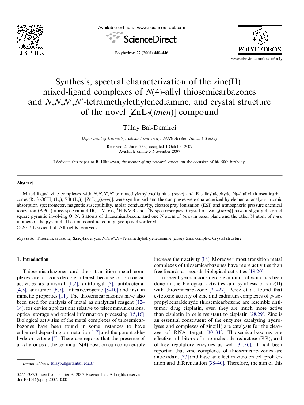 Synthesis, spectral characterization of the zinc(II) mixed-ligand complexes of N(4)-allyl thiosemicarbazones and N,N,N′,N′-tetramethylethylenediamine, and crystal structure of the novel [ZnL2(tmen)] compound