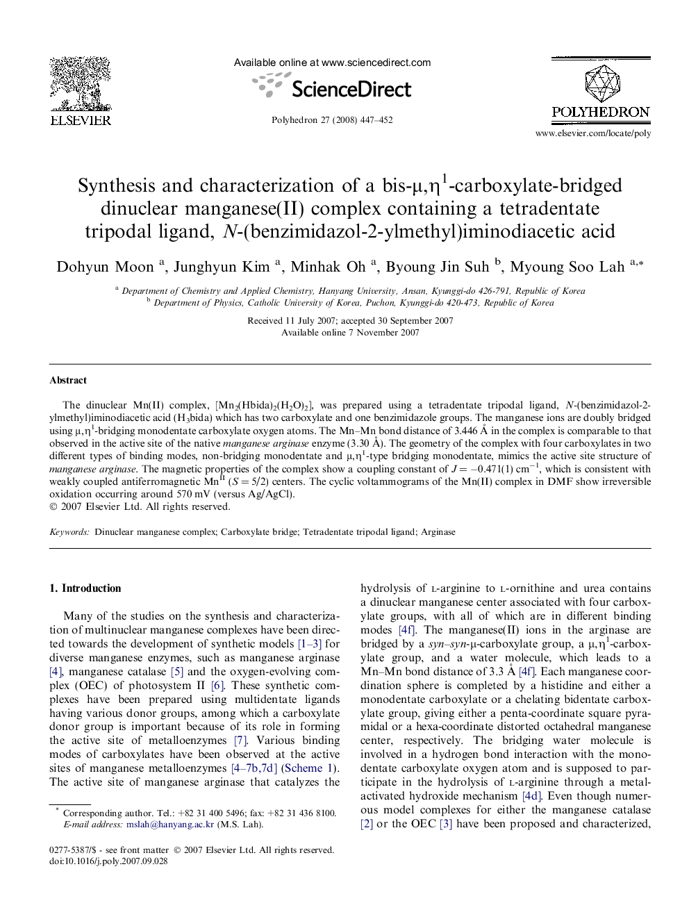 Synthesis and characterization of a bis-μ,η1-carboxylate-bridged dinuclear manganese(II) complex containing a tetradentate tripodal ligand, N-(benzimidazol-2-ylmethyl)iminodiacetic acid