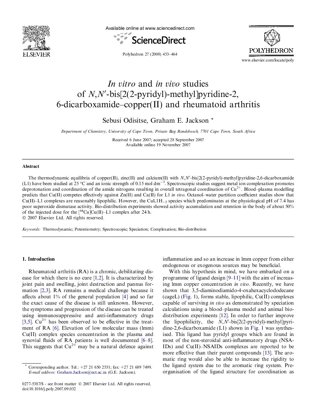 In vitro and in vivo studies of N,N′-bis[2(2-pyridyl)-methyl]pyridine-2,6-dicarboxamide–copper(II) and rheumatoid arthritis
