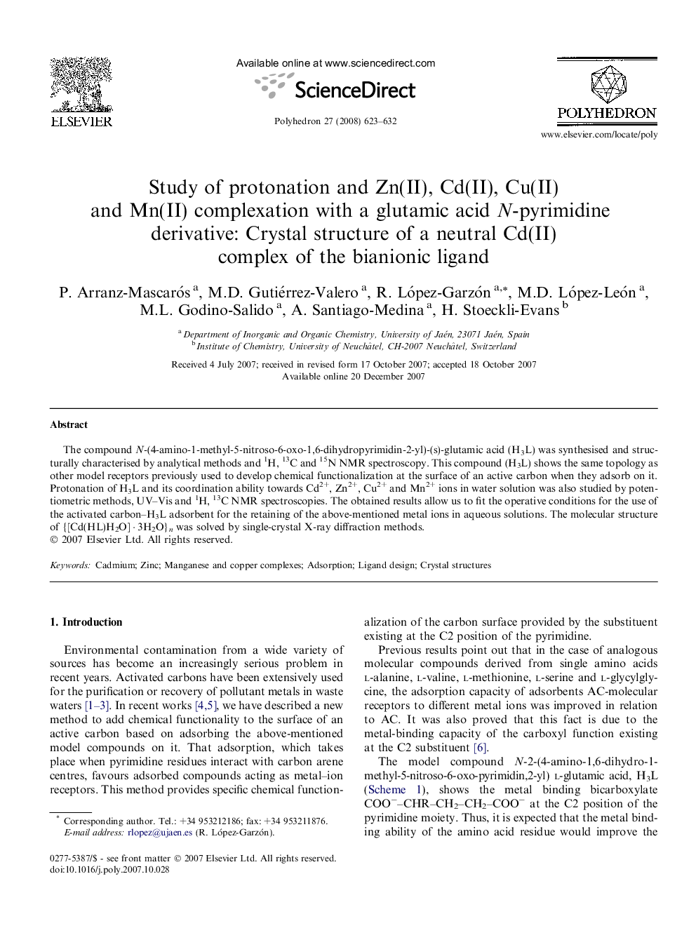 Study of protonation and Zn(II), Cd(II), Cu(II) and Mn(II) complexation with a glutamic acid N-pyrimidine derivative: Crystal structure of a neutral Cd(II) complex of the bianionic ligand