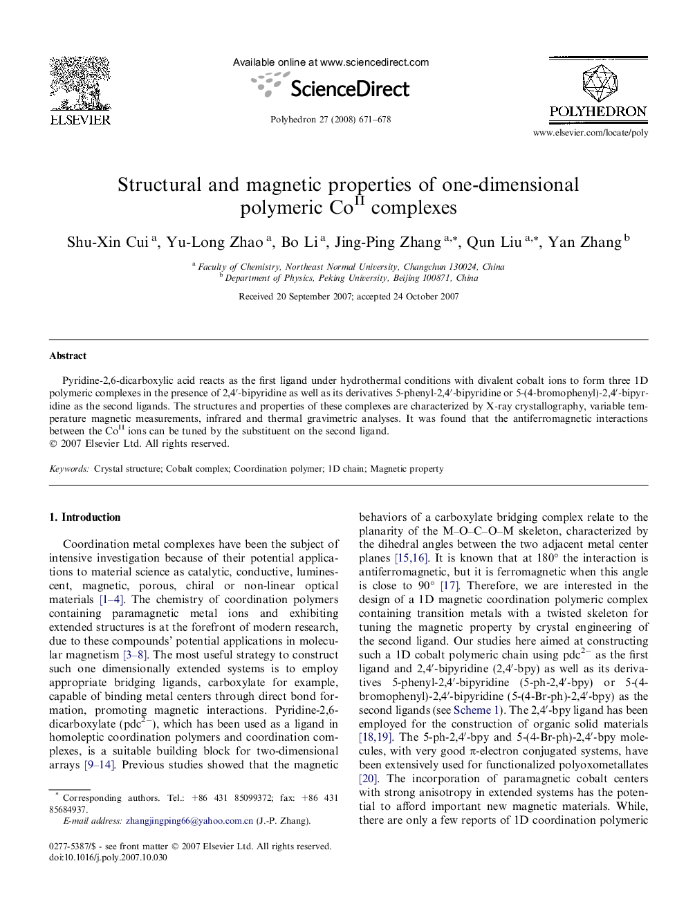 Structural and magnetic properties of one-dimensional polymeric CoII complexes