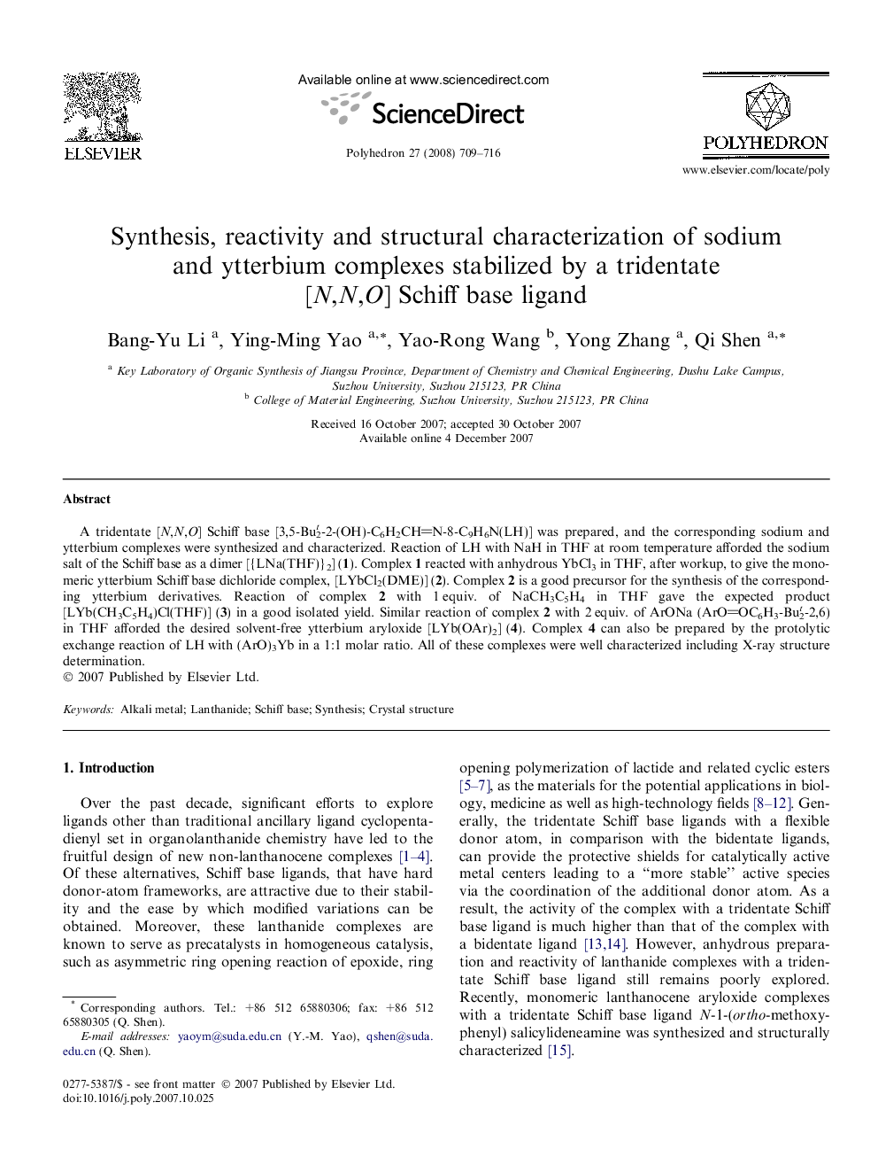 Synthesis, reactivity and structural characterization of sodium and ytterbium complexes stabilized by a tridentate [N,N,O] Schiff base ligand