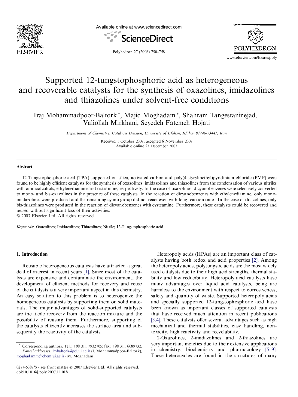 Supported 12-tungstophosphoric acid as heterogeneous and recoverable catalysts for the synthesis of oxazolines, imidazolines and thiazolines under solvent-free conditions