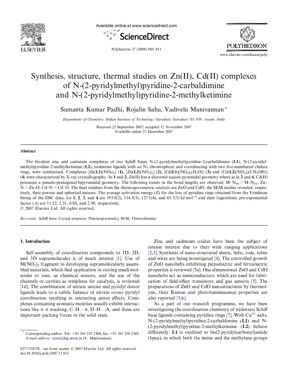 Synthesis, structure, thermal studies on Zn(II), Cd(II) complexes of N-(2-pyridylmethyl)pyridine-2-carbaldimine and N-(2-pyridylmethyl)pyridine-2-methylketimine