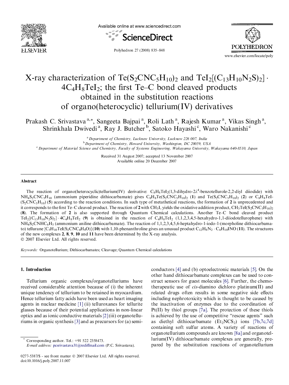 X-ray characterization of Te(S2CNC5H10)2 and TeI2[(C13H10N2S)2] · 4C4H8TeI2; the first Te–C bond cleaved products obtained in the substitution reactions of organo(heterocyclic)tellurium(IV) derivatives