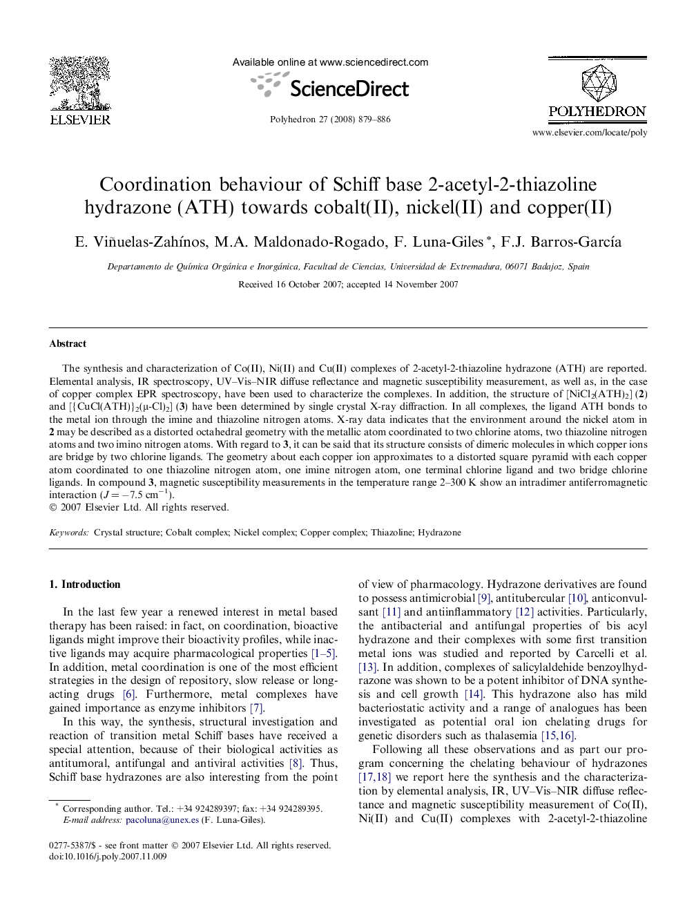 Coordination behaviour of Schiff base 2-acetyl-2-thiazoline hydrazone (ATH) towards cobalt(II), nickel(II) and copper(II)