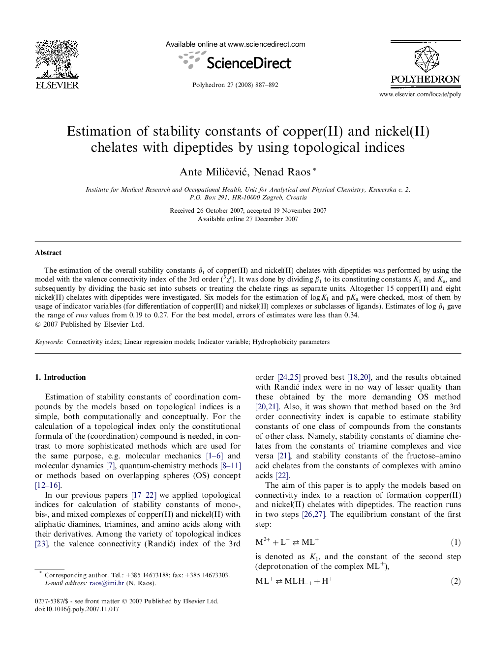 Estimation of stability constants of copper(II) and nickel(II) chelates with dipeptides by using topological indices