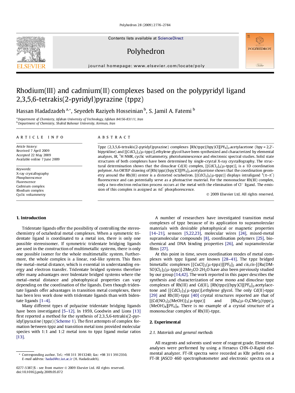 Rhodium(III) and cadmium(II) complexes based on the polypyridyl ligand 2,3,5,6-tetrakis(2-pyridyl)pyrazine (tppz)