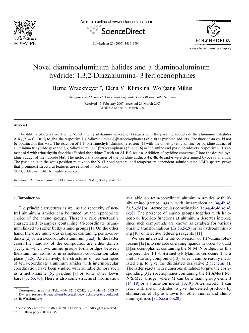 Novel diaminoaluminum halides and a diaminoaluminum hydride: 1,3,2-Diazaalumina-[3]ferrocenophanes