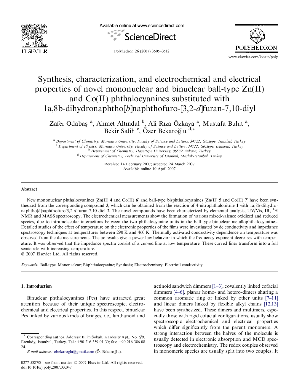 Synthesis, characterization, and electrochemical and electrical properties of novel mononuclear and binuclear ball-type Zn(II) and Co(II) phthalocyanines substituted with 1a,8b-dihydronaphtho[b]naphthofuro-[3,2-d]furan-7,10-diyl