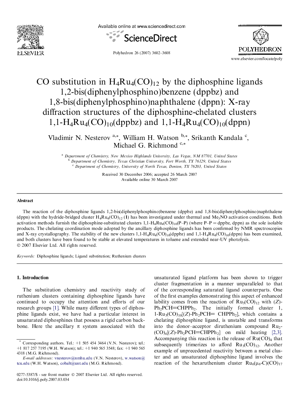 CO substitution in H4Ru4(CO)12 by the diphosphine ligands 1,2-bis(diphenylphosphino)benzene (dppbz) and 1,8-bis(diphenylphosphino)naphthalene (dppn): X-ray diffraction structures of the diphosphine-chelated clusters 1,1-H4Ru4(CO)10(dppbz) and 1,1-H4Ru4(CO