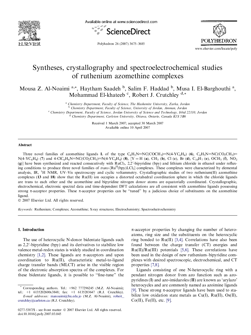 عکس صفحه اول مقاله: Syntheses, crystallography and spectroelectrochemical studies of ruthenium azomethine complexes Syntheses, crystallography and spectroelectrochemical studies of ruthenium azomethine complexes