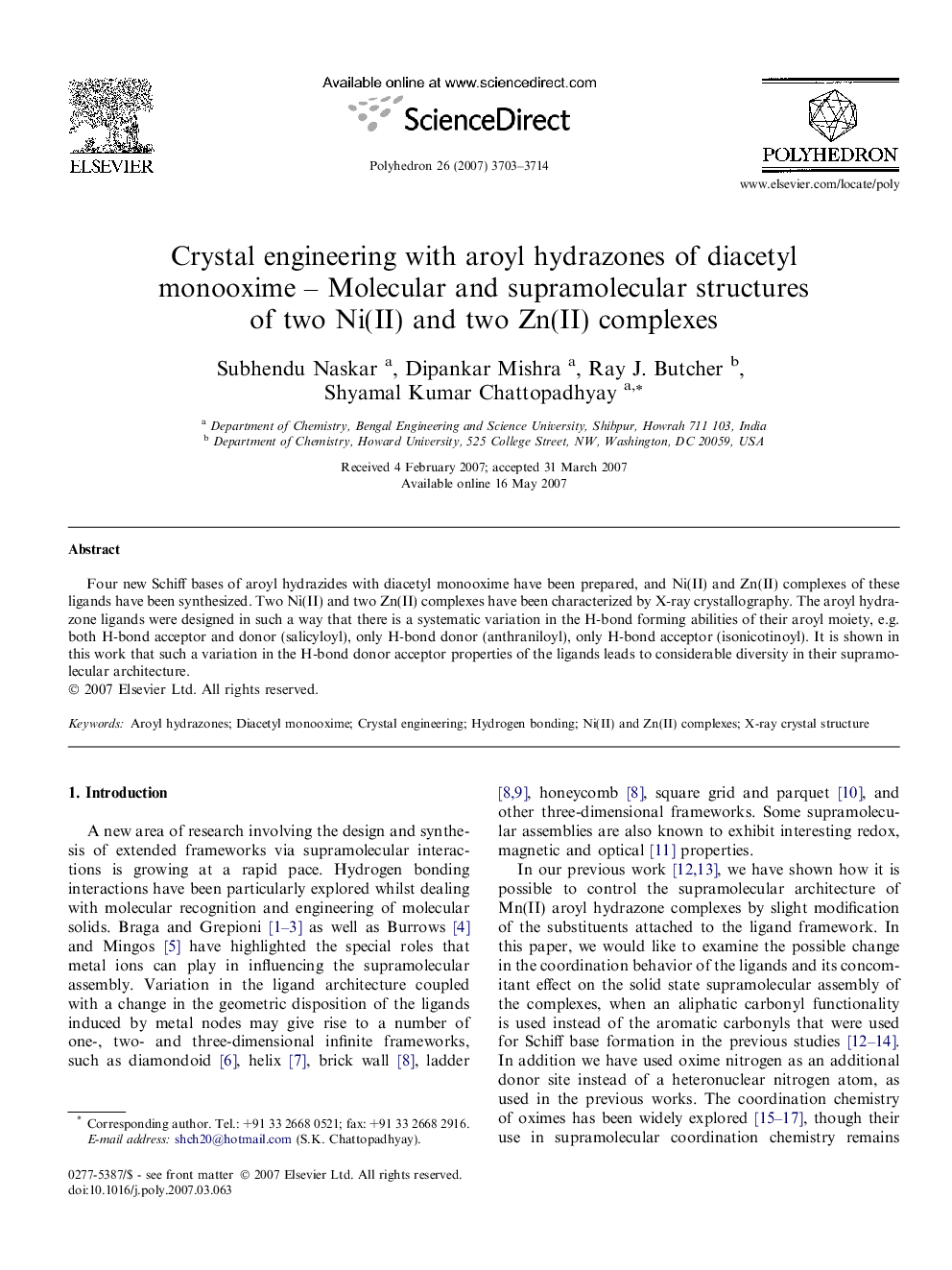 Crystal engineering with aroyl hydrazones of diacetyl monooxime – Molecular and supramolecular structures of two Ni(II) and two Zn(II) complexes