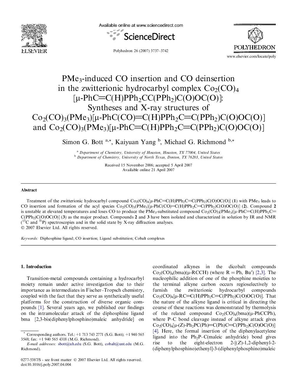 PMe3-induced CO insertion and CO deinsertion in the zwitterionic hydrocarbyl complex Co2(CO)4[μ-PhCC(H)PPh2CC(PPh2)C(O)OC(O)]: Syntheses and X-ray structures of Co2(CO)3(PMe3)[μ-PhC(CO)C(H)PPh2CC(PPh2)C(O)OC(O)] and Co2(CO)3(PMe3)[μ-PhCC(H)PPh2CC(PPh2)C(O