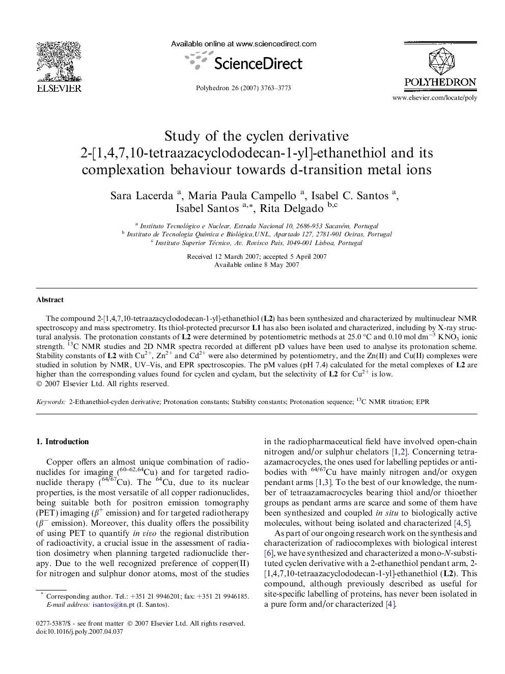 Study of the cyclen derivative 2-[1,4,7,10-tetraazacyclododecan-1-yl]-ethanethiol and its complexation behaviour towards d-transition metal ions