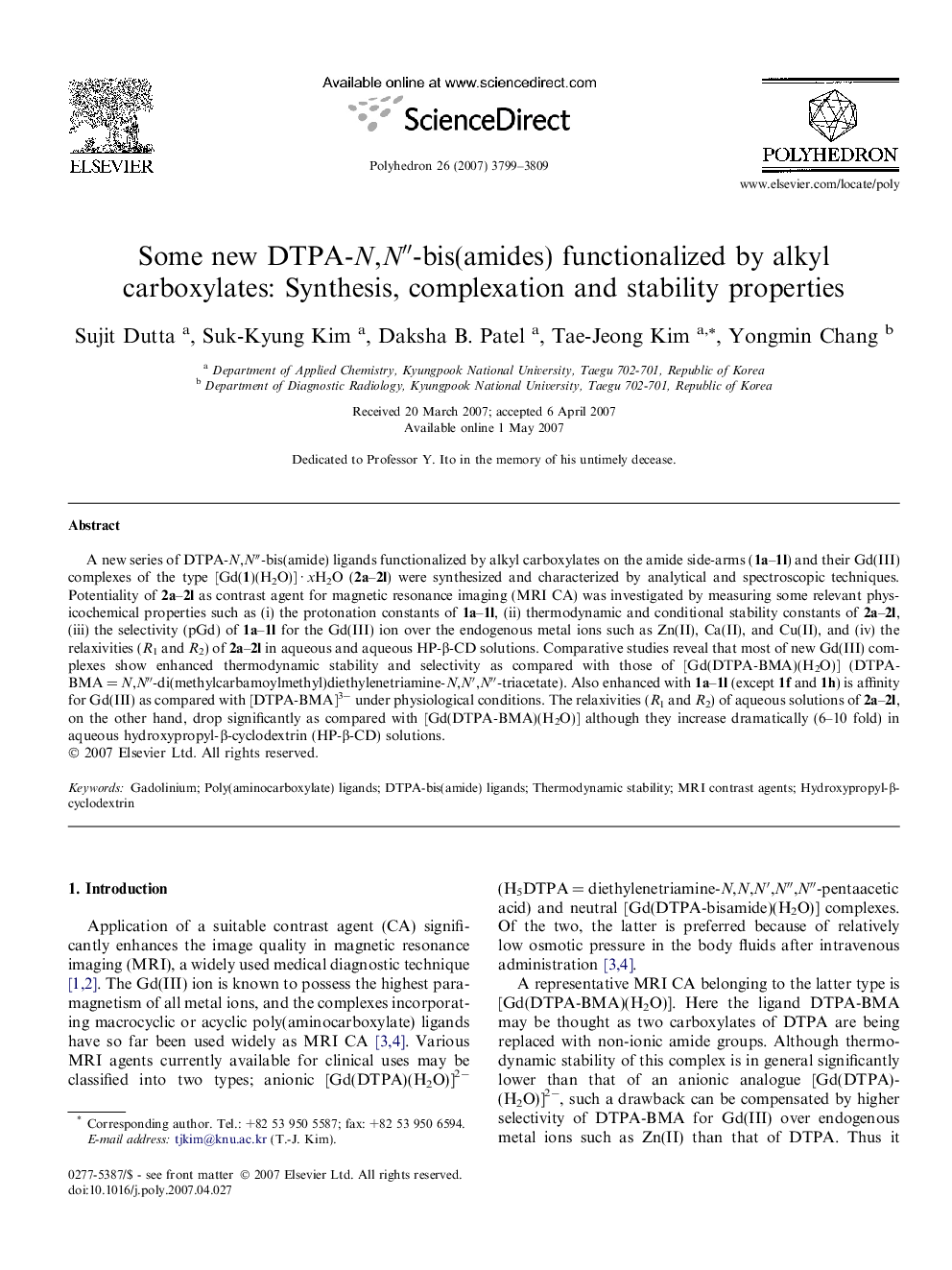 Some new DTPA-N,N″-bis(amides) functionalized by alkyl carboxylates: Synthesis, complexation and stability properties