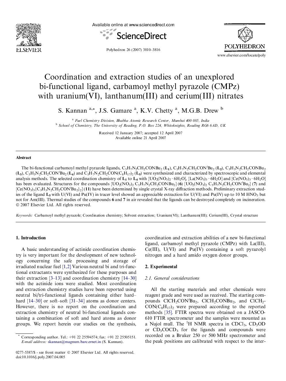 Coordination and extraction studies of an unexplored bi-functional ligand, carbamoyl methyl pyrazole (CMPz) with uranium(VI), lanthanum(III) and cerium(III) nitrates