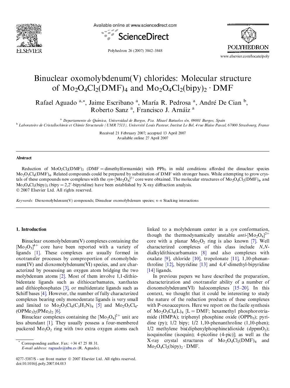 Binuclear oxomolybdenum(V) chlorides: Molecular structure of Mo2O4Cl2(DMF)4 and Mo2O4Cl2(bipy)2Â Â·Â DMF