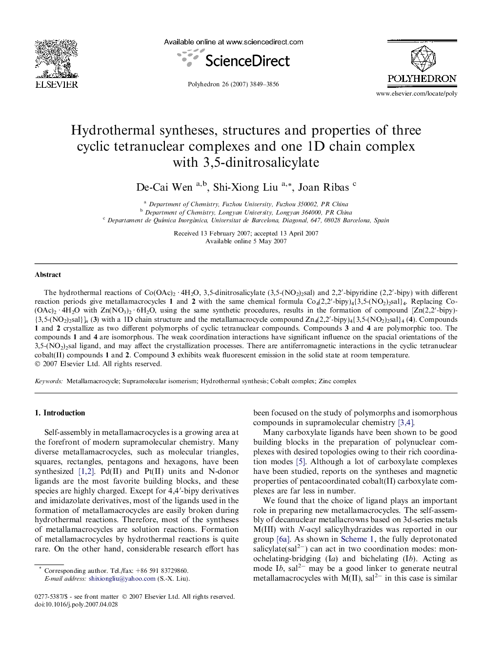 Hydrothermal syntheses, structures and properties of three cyclic tetranuclear complexes and one 1D chain complex with 3,5-dinitrosalicylate