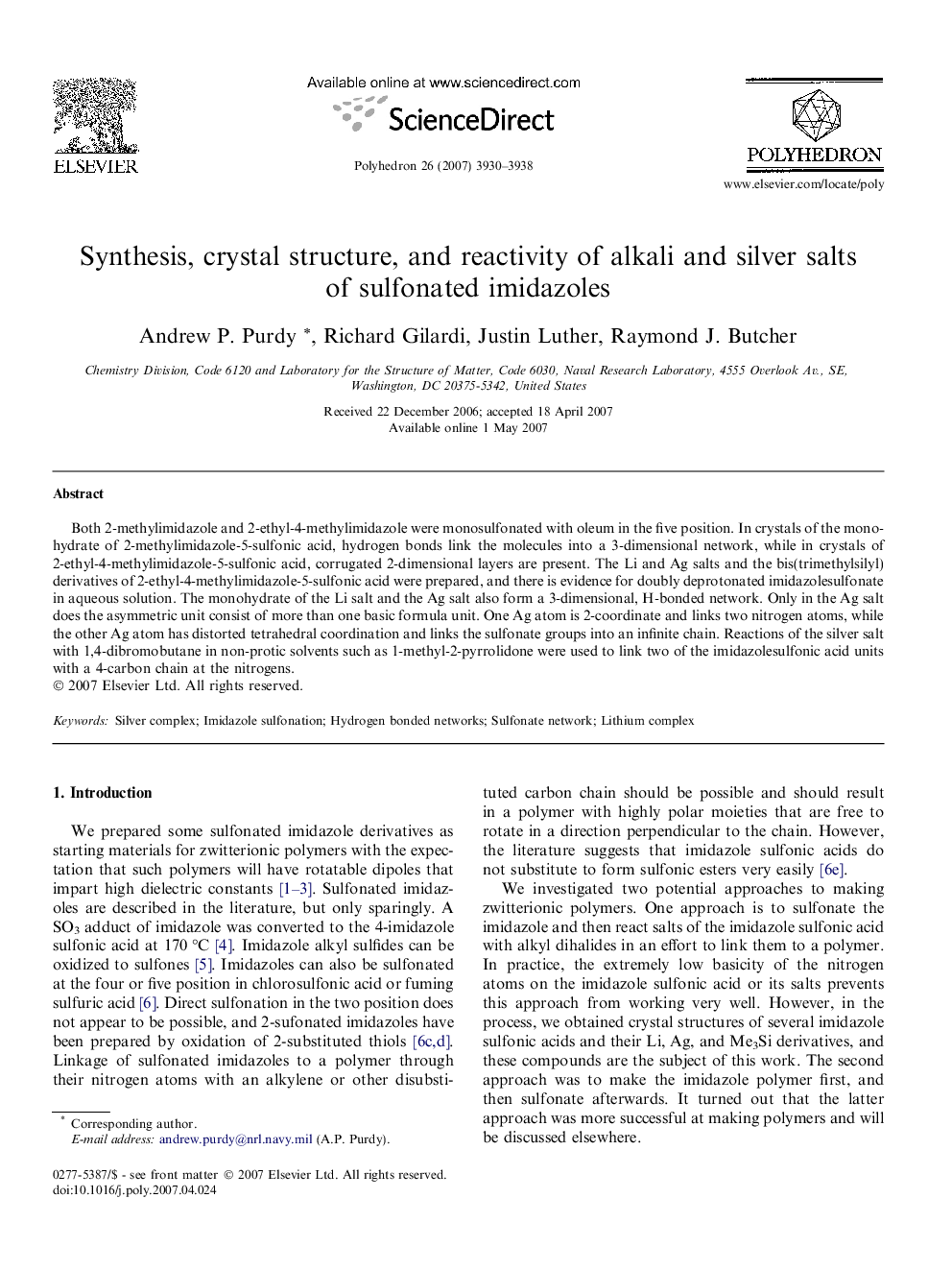 Synthesis, crystal structure, and reactivity of alkali and silver salts of sulfonated imidazoles