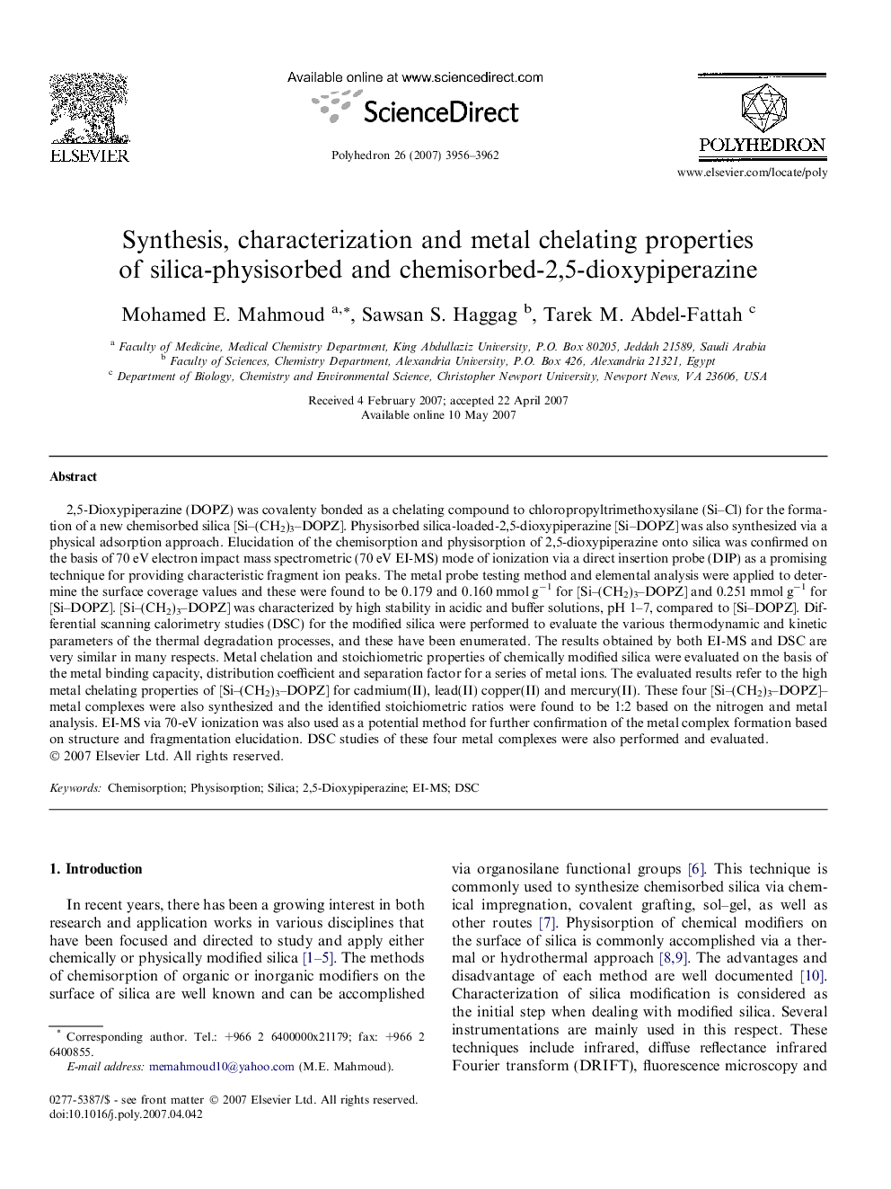 Synthesis, characterization and metal chelating properties of silica-physisorbed and chemisorbed-2,5-dioxypiperazine