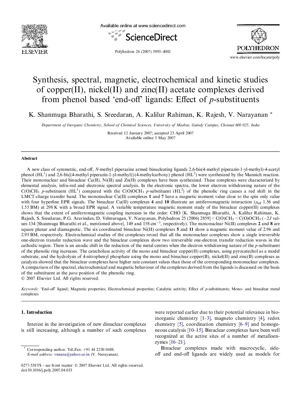 عکس صفحه اول مقاله: Synthesis, spectral, magnetic, electrochemical and kinetic studies of copper(II), nickel(II) and zinc(II) acetate complexes derived from phenol based ‘end-off’ ligands: Effect of p-substituents Synthesis, spectral, magnetic, electrochemical and kinetic studies of copper(II), nickel(II) and zinc(II) acetate complexes derived from phenol based ‘end-off’ ligands: Effect of p-substituents