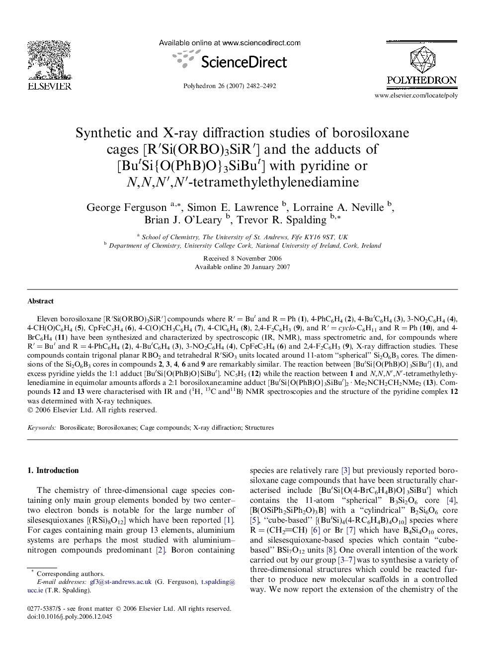 Synthetic and X-ray diffraction studies of borosiloxane cages [R′Si(ORBO)3SiR′] and the adducts of [ButSi{O(PhB)O}3SiBut] with pyridine or N,N,N′,N′-tetramethylethylenediamine