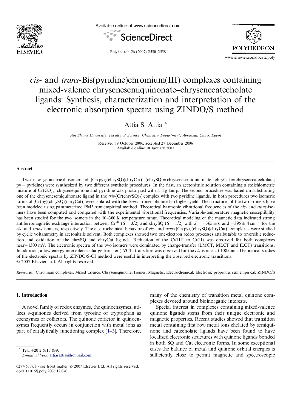 cis- and trans-Bis(pyridine)chromium(III) complexes containing mixed-valence chrysenesemiquinonate-chrysenecatecholate ligands: Synthesis, characterization and interpretation of the electronic absorption spectra using ZINDO/S method