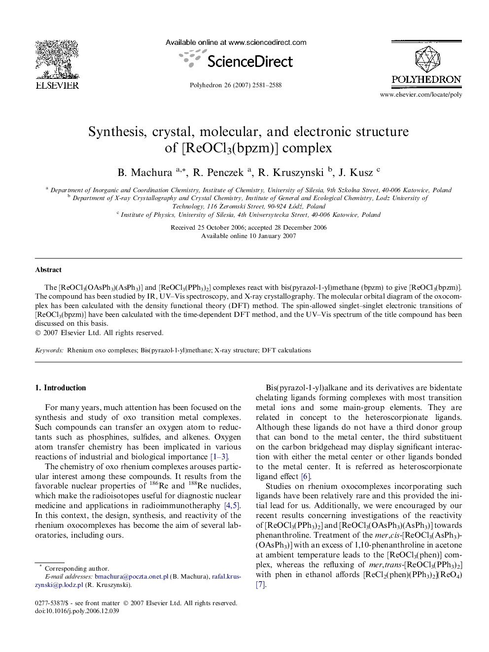 Synthesis, crystal, molecular, and electronic structure of [ReOCl3(bpzm)] complex
