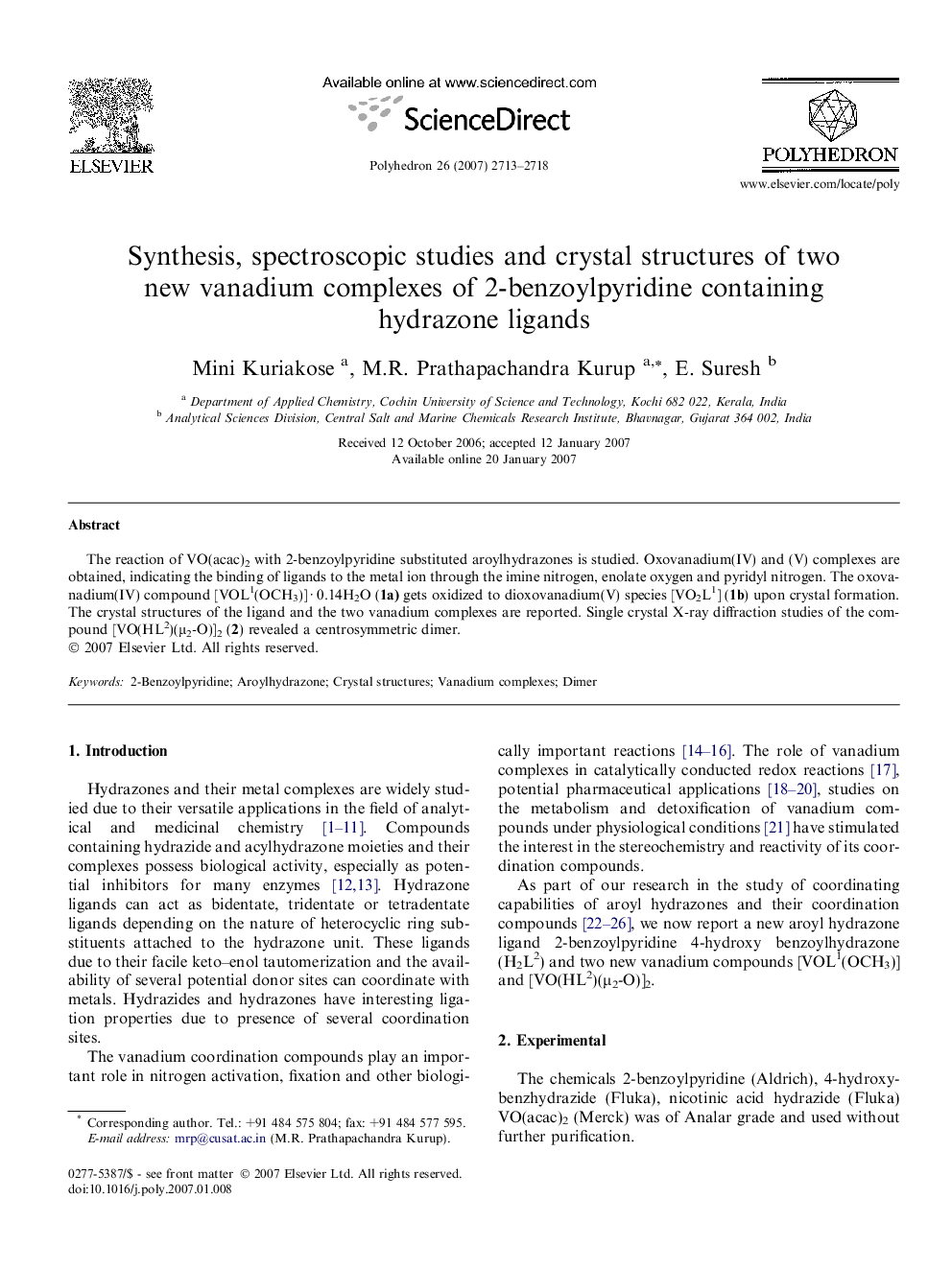 Synthesis, spectroscopic studies and crystal structures of two new vanadium complexes of 2-benzoylpyridine containing hydrazone ligands