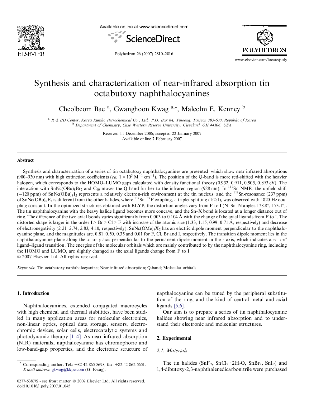 Synthesis and characterization of near-infrared absorption tin octabutoxy naphthalocyanines