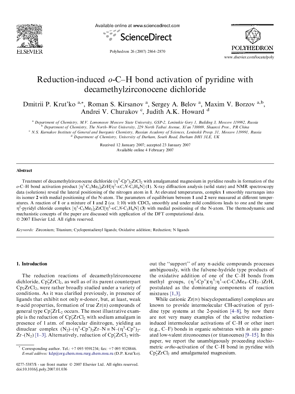 Reduction-induced o-C–H bond activation of pyridine with decamethylzirconocene dichloride