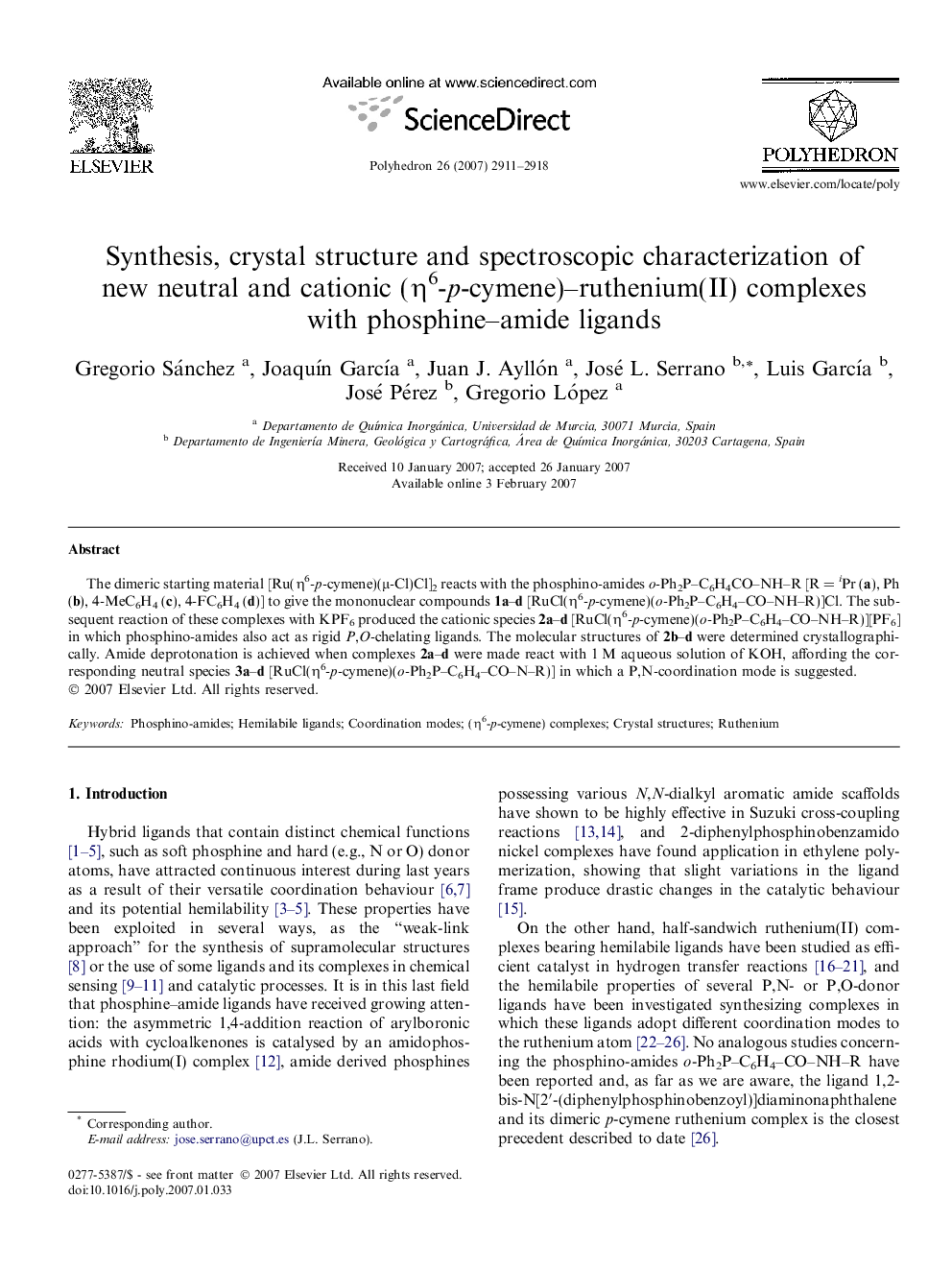 عکس صفحه اول مقاله: Synthesis, crystal structure and spectroscopic characterization of new neutral and cationic (η6-p-cymene)–ruthenium(II) complexes with phosphine–amide ligands Synthesis, crystal structure and spectroscopic characterization of new neutral and cationic (η6-p-cymene)–ruthenium(II) complexes with phosphine–amide ligands