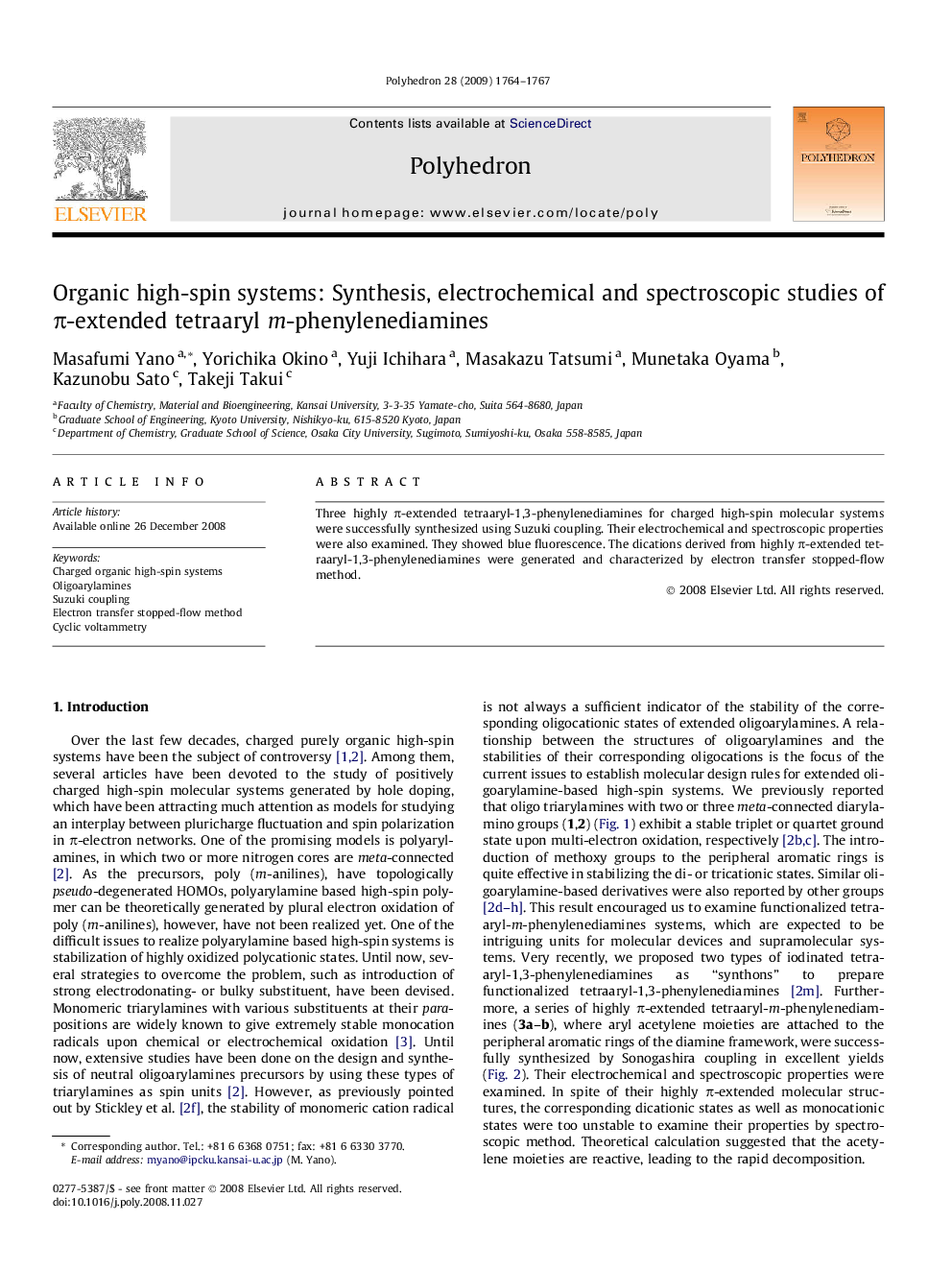 عکس صفحه اول مقاله: Organic high-spin systems: Synthesis, electrochemical and spectroscopic studies of π-extended tetraaryl m-phenylenediamines Organic high-spin systems: Synthesis, electrochemical and spectroscopic studies of π-extended tetraaryl m-phenylenediamines