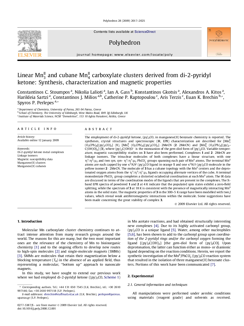 Mn3II خطی و cubane Mn4II خوشه کربوکسیلات به دست آمده از کتون دی-2-pyridyl: خواص سنتز، شناسایی و مغناطیسی