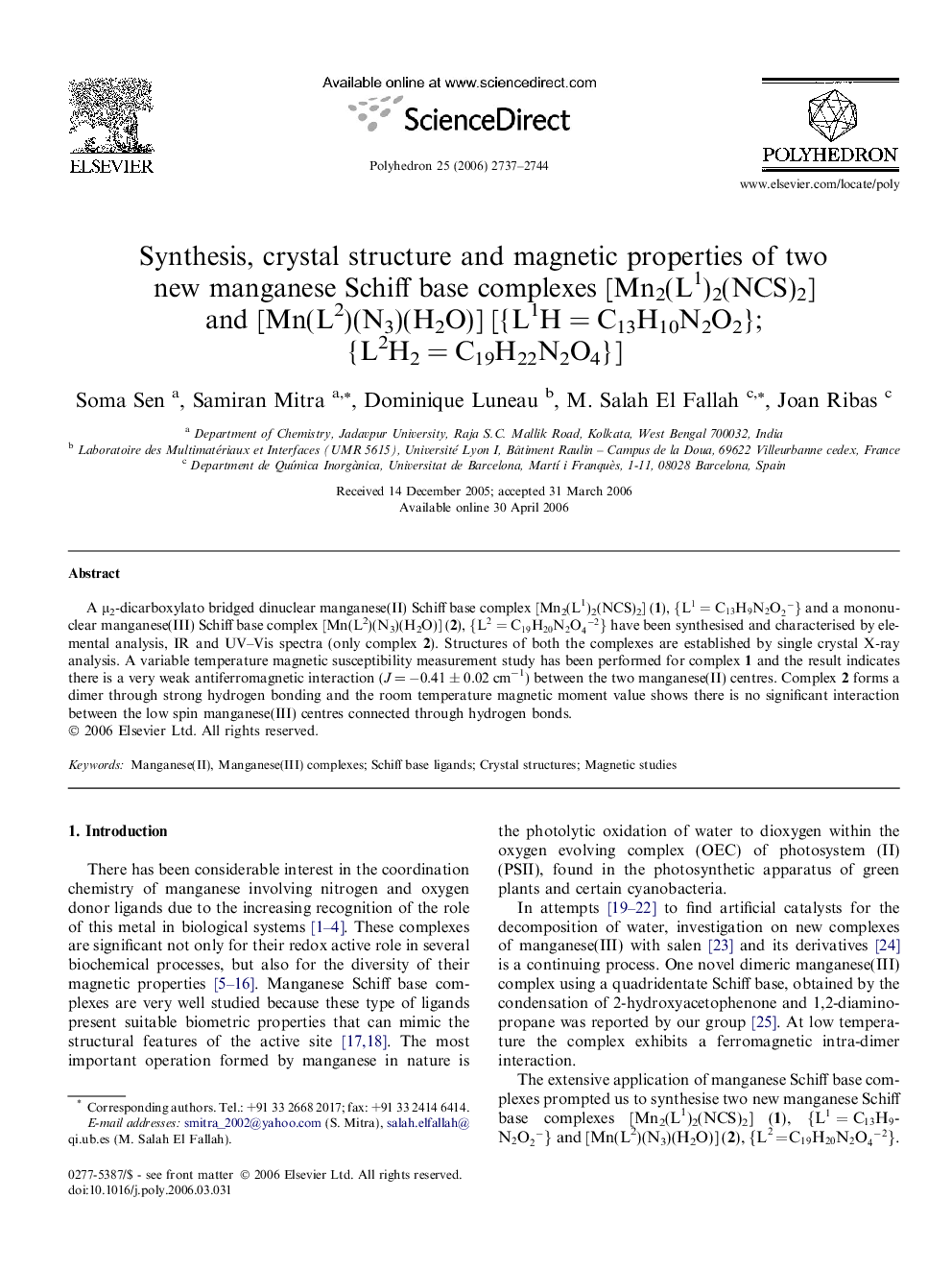 Synthesis, crystal structure and magnetic properties of two new manganese Schiff base complexes [Mn2(L1)2(NCS)2] and [Mn(L2)(N3)(H2O)] [{L1H = C13H10N2O2}; {L2H2 = C19H22N2O4}]