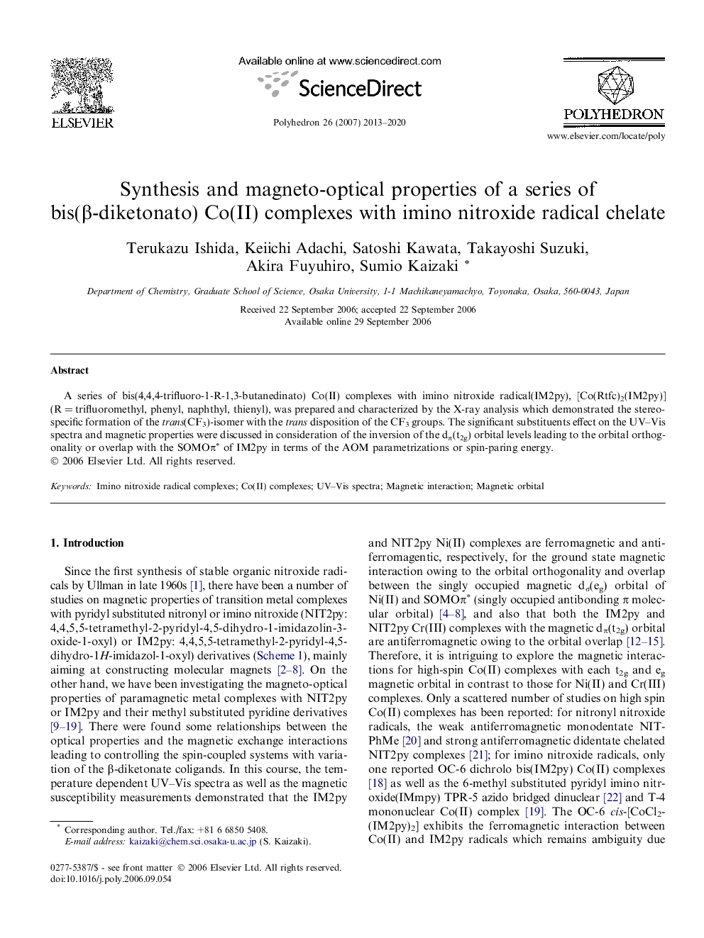 Synthesis and magneto-optical properties of a series of bis(β-diketonato) Co(II) complexes with imino nitroxide radical chelate